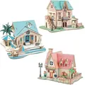 Set van drie unieke 3D houten huispuzzels met kleurrijke miniatuurdetails en ontwerpen - Strand en Europees Huisje Set / 3-delige set