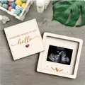 Square wooden pregnancy announcement keepsake box with heart and baby ultrasound photo display - English Announcement Style (KXM009-1) / 11x10cm