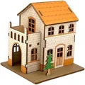 3D DIY houten huisje puzzel handwerk met oranje dak en balkon ontwerp - Geel Huis Stijl 1