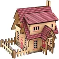 Houten 3D-puzzelmodel van een huis met roze dak voor woondecoratie en DIY cadeau - Klein Huisje Stijl B