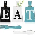 Rustieke houten EAT-bordenset met vork en lepel voor een landelijke keukenwanddecoratie - Zwart Gebroken Wit Cyaan