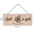 Vintage wooden wall sign featuring horse illustration and girl quote, size 40x16cm - 40x16cm / Girl Loves Horses Style (210222D)