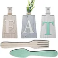 Houten EAT letters keukenmuur decoratieset met decoratieve vork en lepel wandplaten - Beige, dark gray, off-white