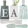 Vintage rustiek houten EAT-muurbord met grote vork en lepel voor keukendecoratie thuis - Grijs Wit Blauw