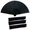 Detailed view of the black silk folding fan set including opened fan and protective sleeves - Folding Fan With Storage Bag