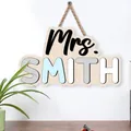 Personalized wooden teacher name plate sign Mrs. Smith back to school gift - Blue Grey White Letters Natural Wood Board