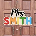 Custom colorful wooden name plaque for teachers hanging on a front door back to school gift - Rainbow Letters Natural Wood Board