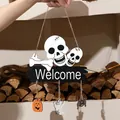 Halloween themed wooden welcome door sign featuring skulls and dangling pumpkin ghost - Skull Welcome Sign / 27*20.5cm