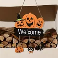 Halloween wooden pumpkin welcome sign hanging ornament featuring bat and cat charms - Pumpkin Welcome Sign / 27*22cm
