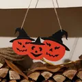 Festive Halloween wooden pumpkin hanging ornaments with black witch hats and rustic string - Triple Pumpkin Witch Style / 12*21.5cm