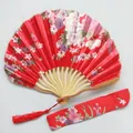 Detailed view of red floral satin folding fan with matching pouch and tassel - No. 3 Red / Single Piece (With Bag)