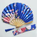 Blue floral satin fabric folding fan with bamboo ribs and matching fabric storage sleeve - No. 7 Royal Blue / Single Piece (With Bag)