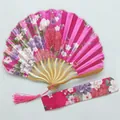 Elegant pink floral satin folding fan with bamboo ribs, pink tassel and matching fabric pouch - No. 9 Rose Red / Single Piece (With Bag)