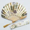 Close-up of elegant floral satin folding fan with matching fabric sleeve and tassel - No. 10 Gold / Single Piece (With Bag)