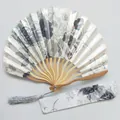 Elegant floral satin folding fan with matching fabric storage sleeve and tassel. - No.11 Grey / Single Piece (With Bag)