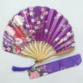 Detail of an elegant purple floral satin folding fan with a matching protective sleeve - No. 12 Purple / Single Piece (With Bag)