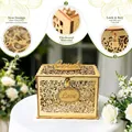 Elegant gold glitter hollow-out wooden card box with secure lock and heart design - Sparkling Gold