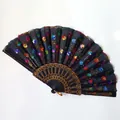 Close-up of Spanish style folding fan with colorful sequins and floral embroidery - 23CM*42CM / Black Ribs Colorful Sequin