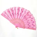 Close-up detail of a pink folding fan featuring elegant shimmering sequins and floral embroidery - No.4 Colored Ribs / 23CM*42CM / Pink