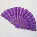 Close-up of a purple folding fan featuring delicate purple sequins and floral embroidery - No.3 Colored Ribs / 23CM*42CM / Purple