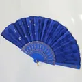 Close-up detail of a blue folding fan with intricate floral embroidery and sequins - No.2 Colored Ribs / 23CM*42CM / Sapphire Blue
