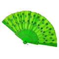 Detail view of a bright green handmade sequin folding fan with floral embroidery - No.1 Colored Ribs / 23CM*42CM / Green