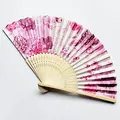 Exquisite Japanese style folding fan featuring pink floral satin cloth and wood ribs - Style 17 Morning Glory
