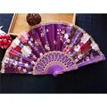 Elegant purple floral folding fan featuring satin fabric and golden lace trim for dance - No.7 Purple
