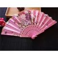 Elegant pink floral satin folding fan featuring lace trim and durable plastic ribs - No.6 Pink