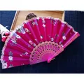Magenta satin folding fan with lace trim and floral print on pink plastic ribs - No.8 Rose Red