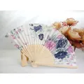 Elegant bamboo folding fan with purple floral silk pattern on wooden stand - Style 12 Ink Wash