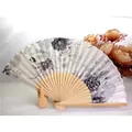 Traditional elegant floral silk folding fan with natural bamboo ribs and display stand - No.3 Grey
