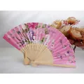 Elegant pink floral silk folding fan with traditional bamboo handle for women - Pink