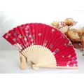 Elegant red silk folding fan with natural bamboo ribs and cherry blossom floral pattern - Style 7 Bright Red