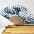 Traditional Japanese style bamboo folding fan featuring The Great Wave off Kanagawa - Standard Bamboo Bone / Brown Tassel