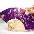 Elegant 21cm purple floral Japanese folding fan with hollow bamboo ribs on stand - No.5 Purple Color Block