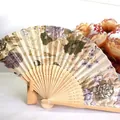 Elegant 21cm Japanese style folding fan featuring floral fabric and hollow bamboo ribs - Style 6 Gold