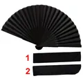 Close-up of black bamboo silk folding fan components including protective sleeves and ribs. - Black Rib Silk Fan with Pouch / Solid Black