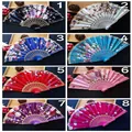 Collection of eight elegant floral folding fans with lace trim and plastic ribs. - Multicolor