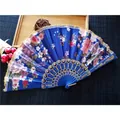 Blue satin folding fan with floral print and gold lace trim, plastic frame - No 3 Royal Blue