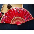 Traditional red satin folding fan featuring floral prints and gold lace edge trim for dancing - No.5 Red