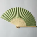 Elegant light green silk folding fan with intricate hollowed bamboo ribs detail - Army Green (No.17)