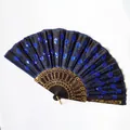 Detailed view of Spanish style hand fan featuring blue sequined peacock feather embroidery - 23CM*42CM / Black Ribs Royal Blue Sequin
