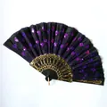 Close-up detail of a black Spanish folding fan with purple sequins and gold filigree pattern - 23CM*42CM / Black Ribs Purple Sequin