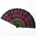 Detailed view of Spanish style folding fan with pink sequin embroidery and peacock pattern - 23CM*42CM / Black Ribs Rose Red Sequin