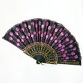 Detailed view of Spanish style folding fan with pink sequins and gold accents - 23CM*42CM / Black Ribs Pink Sequin