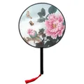 Detailed view of a Chinese silk round fan featuring pink peony and butterfly motifs - 15 Peony (FANS-ts01) / 20cm