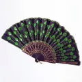 Elegant Spanish folding fan featuring green peacock sequin embroidery on dark purple fabric - 23CM*42CM / Black Ribs Green Sequin