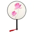 Close-up detail of a traditional Chinese round fan with pink lotus and red tassel - 10 Pink Lotus (FANS-ts01) / 20cm