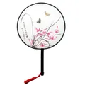 Close-up of traditional Chinese round fan with floral ink painting and red tassel - 7 Double Flying Orchid (FANS-ts01) / 20cm